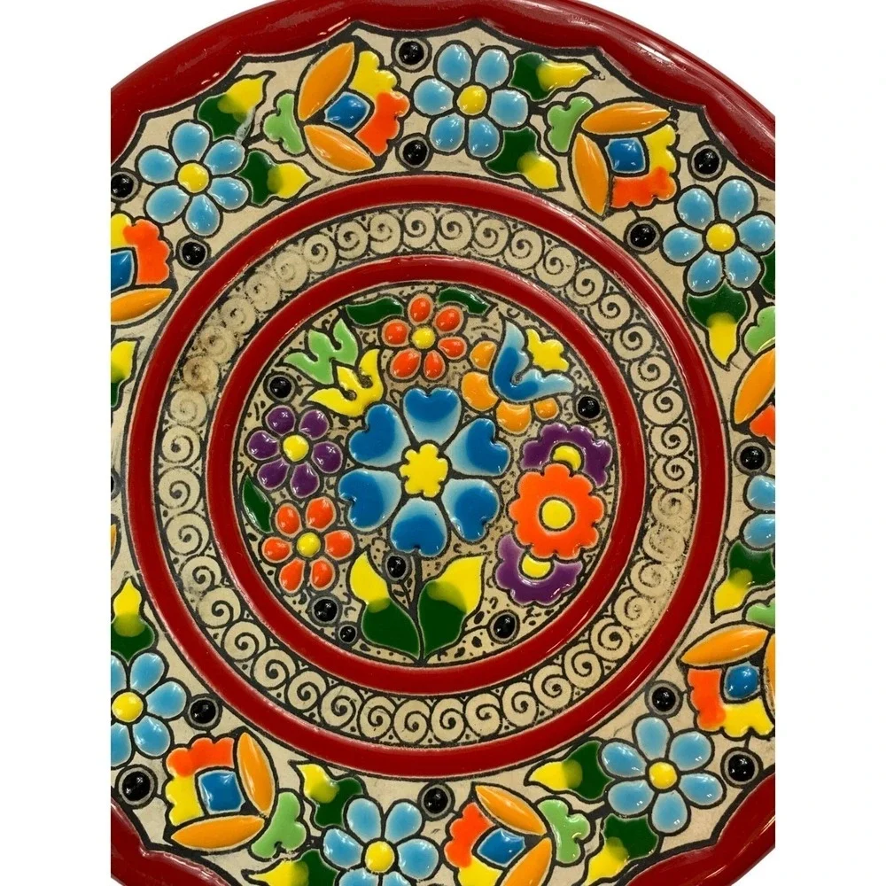 Vintage Cearco Spanish Ceramic Plate Cuerda Seca Hand Painted Floral Red